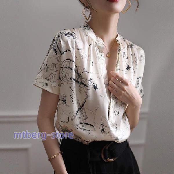 ブラウス レディース きれいめ 40代 春夏 上品 vネックブラウス 花柄シャツ トップス 半袖  韓国風 トップス 大人 上品 通勤 着痩せ 30代 50代 ブラウス レディース きれいめ 40代 春夏 上品 vネックブラウス 花柄