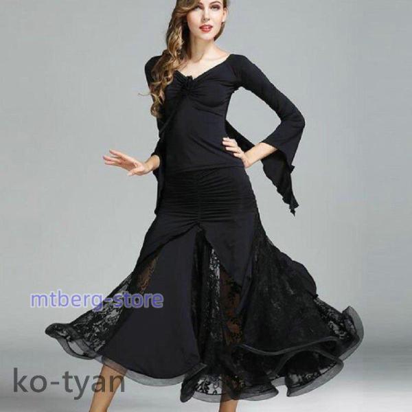 社交ダンス用衣装 ドレス 中古美品 おしゃれ 黒を基調 社交ダンス ワンピース モダンドレス 黒 大きいサイズ 長袖 社交ダンス