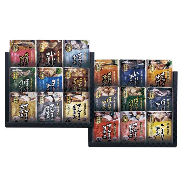 北海道産おさかな旨煮詰合せ全27種類の圧倒的な品揃え　北海道沖で漁獲された鮮度の良い、海の幸　水揚げ産地 根室にて独自の調味液で味付けし、骨まで食べられるようじっくり煮込んでおります　二段重ね 18種類商品内容：さけの旨煮80g・いわしの味...