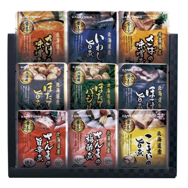 全9種類北海道のホタテをバジル調味液で煮込みました醤油ベースでやわらかく煮込んだホタテ北海道産ほっけを食べやすい旨煮でご賞味を定番のさば味噌煮根室産のサンマをトウガラシ入り旨辛煮に仕上げました梅酢ベースでサンマの旨味を引き立てます北海道のい...