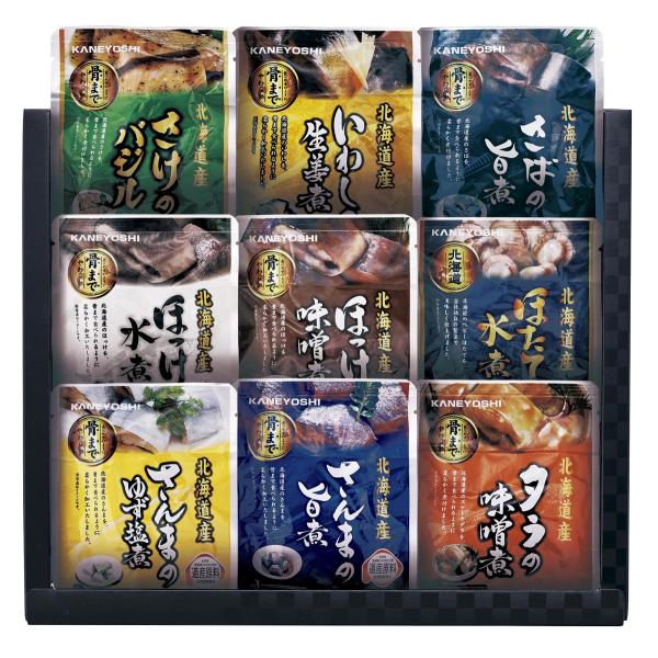 全9種類ホタテの旨味を感じる水煮ほっけをシンプルで食べやすい水煮でご賞味を北海道産ほっけの味噌煮道東沖サンマをゆず風味で味付け醤油ベースでサンマを煮込みましたタラをカットし骨までやわらか味噌仕立てに北海道さばをサッパリと薄味醤油で北海道の秋...