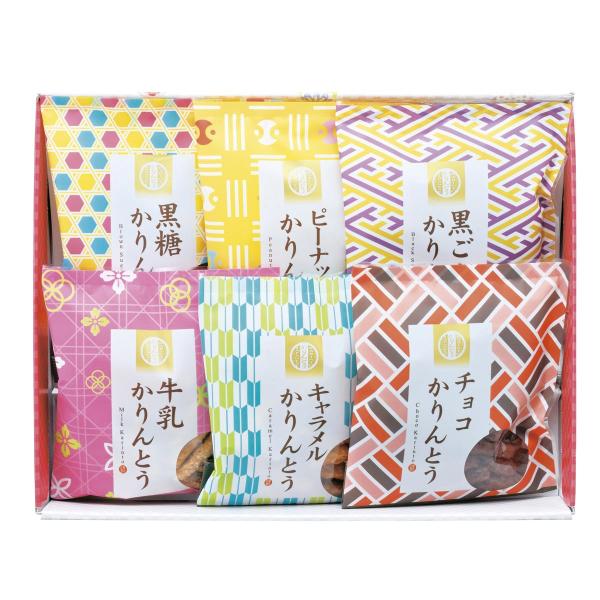 様々なフレーバーを楽しめるかりんとうの詰合せです　商品内容：かりんとう（黒ごま・黒糖・牛乳・ピーナッツ・チョコ・キャラメル）各45g  【乳成分・小麦・落花生】賞味期間（製造日から）：120日間生産国：日本箱サイズ：箱235×295×55m...