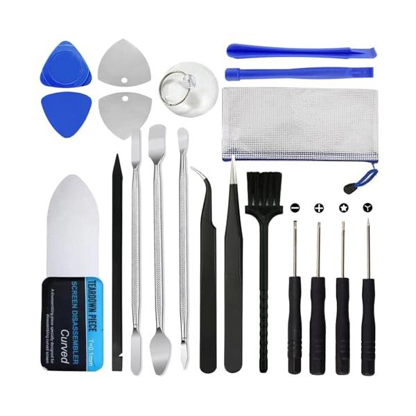 スマホ修理 20点セット・商品仕様(1) 超薄型 ソフト 金属 反り刃*1  (2)滑り止め 金属 スパッジャー*3  (3) 高品質の精密ピンセット*2  (4) ? ヘッド違う ドライバー*4  (5) 三角 金属 スパッジャー*2  ...