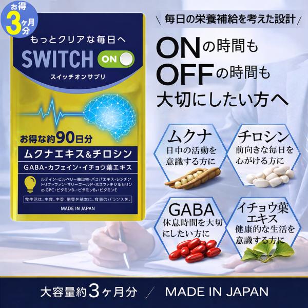 スイッチオン【お得3ヶ月分】集中力 やる気 サポートサプリ 集中 休眠 休息 ドーパミン ムクナ チロシン カフェイン ギャバ イチョウ葉 レシチン ルテイン GABA