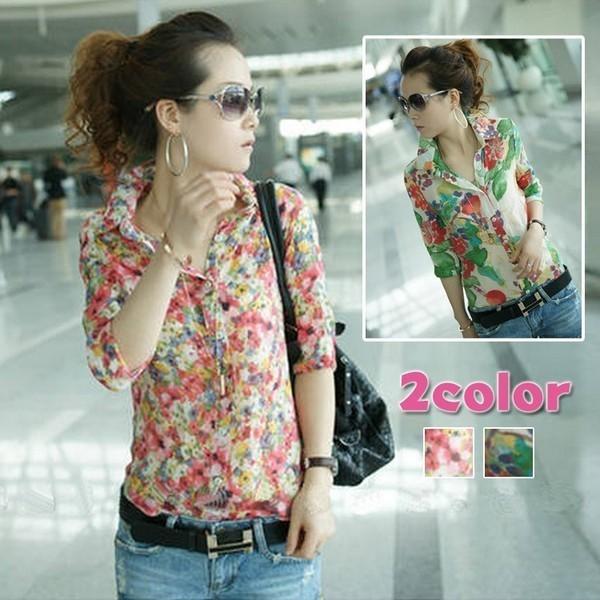 送料無料 シフォンシャツ 薄手 花柄ブラウス 花柄プリント ヴィンテージ シフォン 七分袖シャツ 前開き グリーン レッド2色 トップス レディース Choboaaa0393 Chobo 通販 Yahoo ショッピング