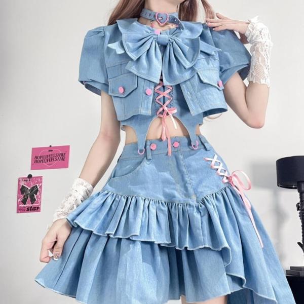 ガーリー 甘め ステージ衣装 セットアップ ソフトロリータ デニム セミロリ アイドル衣装