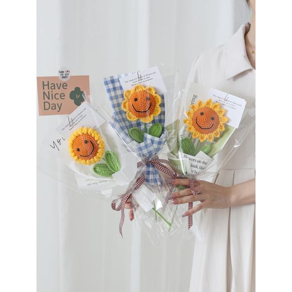 毛糸のひまわり 6本セット 水色の花瓶付き 毛糸のひまわり 6本セット 水色の花瓶付き