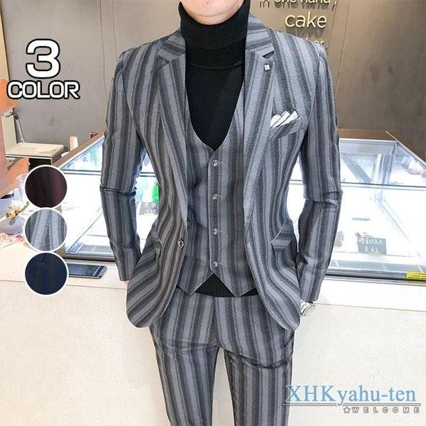 スーツ メンズ カジュアルスーツ ストライプ柄 3ピーススーツ スリム