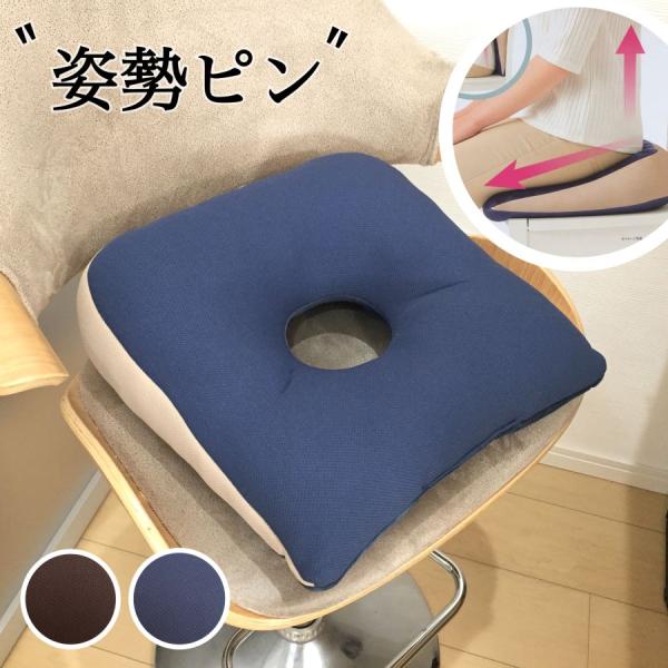 円座クッション 姿勢ピン 美姿勢 低反発 前下がり傾斜 リバーシブル 背当て 腰 お尻 体重 肌触り 産後 痔 介護 前立腺炎 腰痛 円座 ブラウン ブルー 送料無料