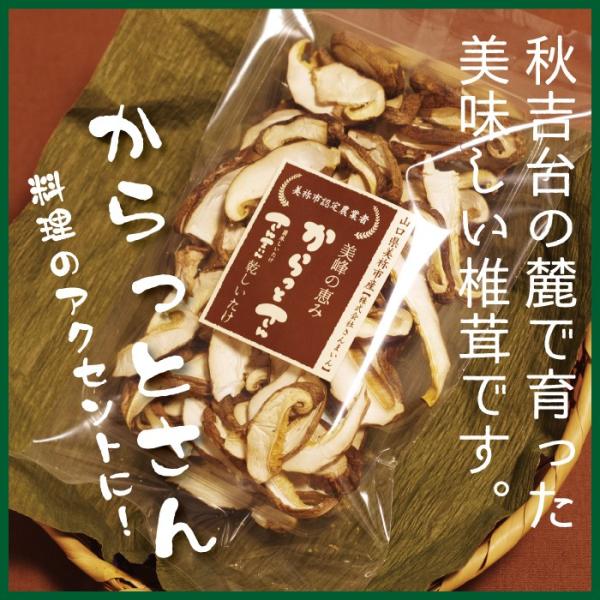 山口県産のしいたけを乾燥、スライスしました。いろいろな料理に混ぜるだけで、お手軽に美味しさ大幅アップ！しいたけは、山口県秋吉台の麓で、豊かな地下水を用いて栽培されています。安心安全の山口県産を、あなたの食卓に。・内容量　15ｇ・賞味期限　約...