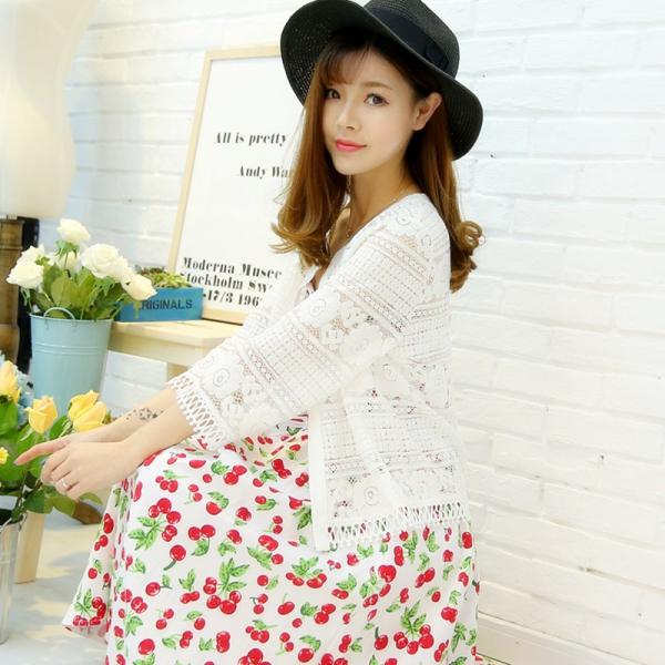 総レースカーディガン ショート丈 7分袖 ホワイト ブラック 白 黒 