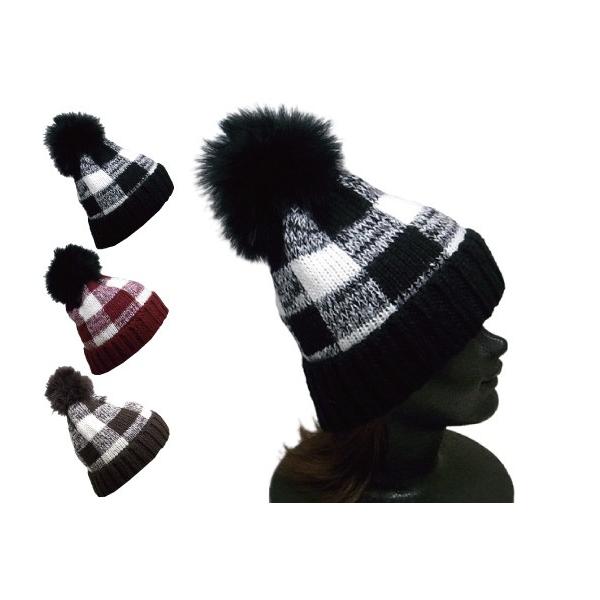 ニット帽 ファー ぼんぼん付き チェック柄 ニットキャップ ポンポン