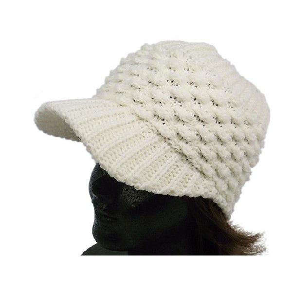 ニットキャップ 白 アクリル デザイン編み つば付きニット帽 ビーニー