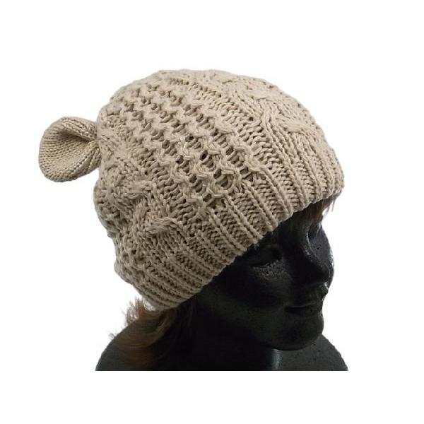 ニット帽 ベージュ ねこ 耳 くま 猫 猫耳 ねこ耳 ケーブル編みアクリル