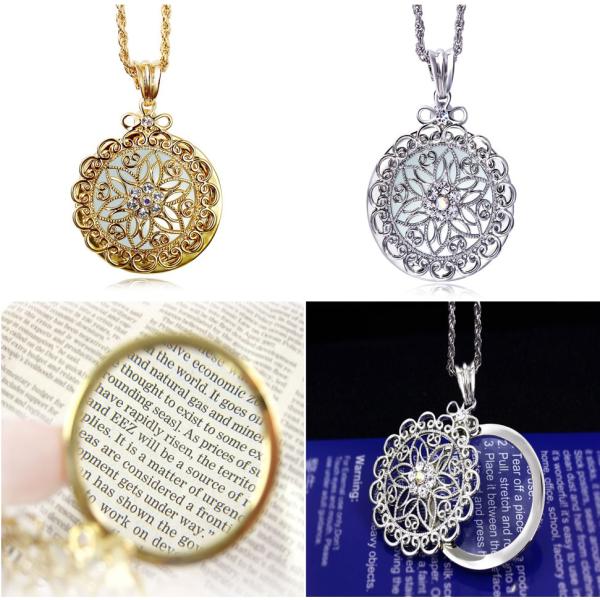 お出かけに便利！老眼鏡がなくても大丈夫。メガネをかけなくても使えるアクセサリー感覚のお洒落な、ペンダントルーペアンティークパーツのような透かしレース柄が上品でエレガントファッション性もとても高いです。透かしレースのカバーをスライドすると拡大...