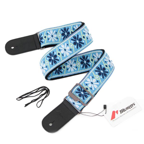 Morris MS2000 L.BLUE ギターストラップ おしゃれ レトロな刺繍が施されたギター用ストラップ。アコースティックギターなどのネック側にストラップピンの無いギターにも使える様、ギターのヘッド部分に結びつけるヒモが付属。長さ調整...