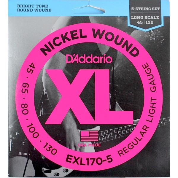 ダダリオ EXL170-5 5弦ベース弦です。34-36インチのベースに対応。ゲージは045/065/080/100/130。1セットでの販売です。