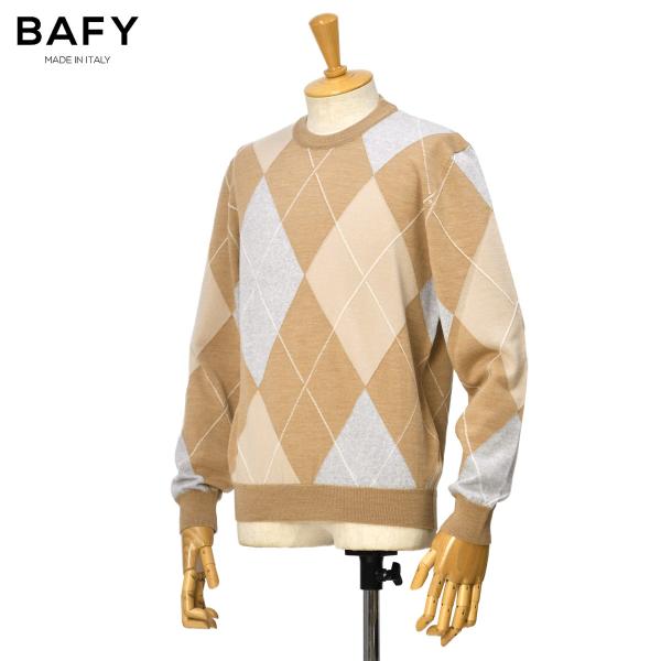 BAFY【バフィー】アーガイルクルーネックニット 14G 41791 454431 ウール ベージュライトグレー