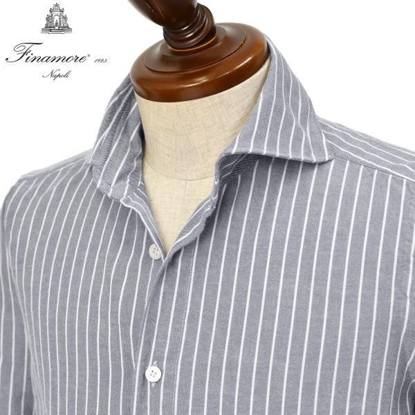 Finamore【フィナモレ】シャツ PIERO BALI M0666 2 コットン 白抜きストライプ ライトフランネルツイル ブルー