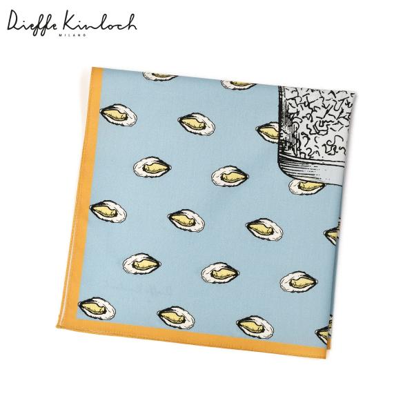 Dieffe Kinloch【ディエッフェ・キンロック】プリントハンカチ CHAMPAGNE and OSTRICHE コットン サックスブルー×マスタードイエロー