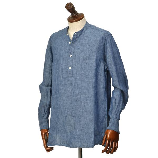【FINAL SALE 返品交換不可】Original Vintage Style【オリジナルヴィンテージスタイル】バンドカラープルオーバーシャツ DENIM リネン 製品染め インディゴ