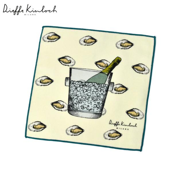 Dieffe Kinloch【ディエッフェ・キンロック】プリントタオルハンカチ CHAMPAGNE and OSTRICHE コットン クリーム ブルー