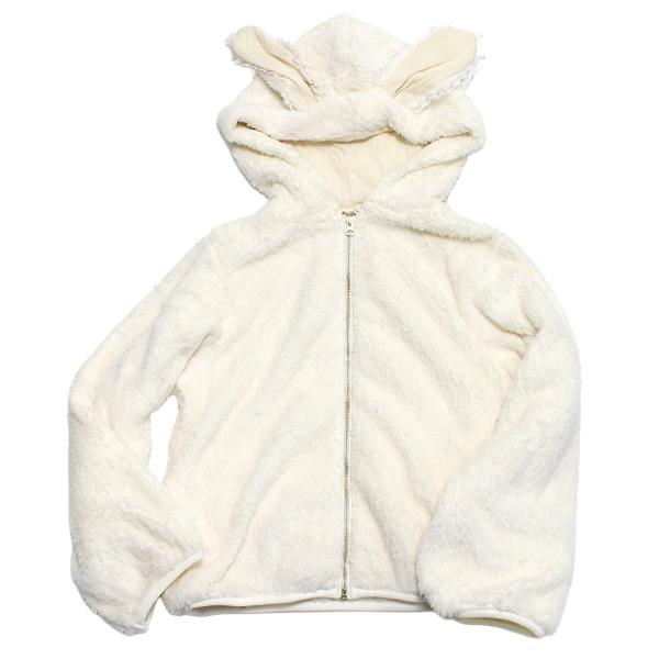 la poche biscuit ラ　ポシェ　ビスキュイ“ラ　ポシェ　ビスキュイ”のうさ耳フードジャケット肌触りが気持ち良いもこもこのボアパーカーです。フードにはキュートなレースをあしらったうさ耳付き◎両サイドにポケット付き。ジップアップタ...