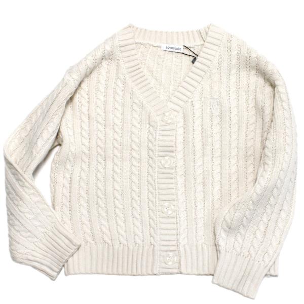 Love toxic ラブトキシック“ラブトキシック”のケーブルニットカーディガンケーブル編みのニットカーディガン。胸元にロゴを刺繍したシンプルなデザイン。静電気の発生を抑え、衣類のまとわりつきを軽減。毛玉ができにくく、マシーンウォッシャブ...
