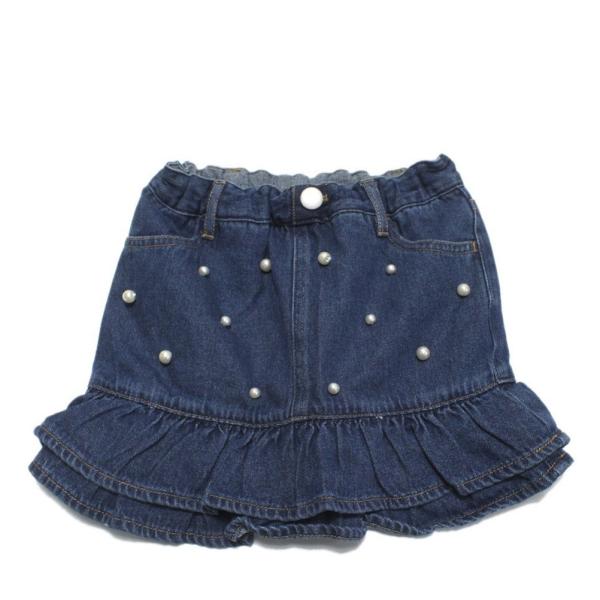 petit main プティマイン“プティマイン”のパールデニムスカパン上品なパールをあしらったデニムスカパンです。裾部分はフリル仕様で可愛らしいアクセントをプラス。インパンツ付きで１枚でも安心して着用できます。ウエストにアジャスターゴムを...