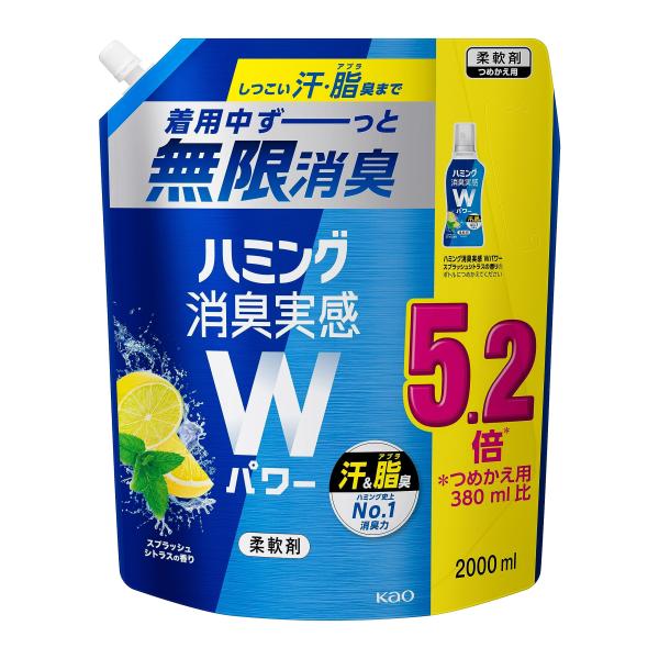 他サイト： 【大容量】ハミング消臭実感Wパワー 柔軟剤 しつこい汗・脂臭まで、着用中ずーっと無限消臭 スプラッシュシトラスの香り 詰替え 2，000mlの商品画像