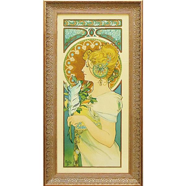 アルフォンス・ミュシャ　羽根ペン　リトグラフ　絵画　額縁　大型　美術品 fit=scale-down,w=1200