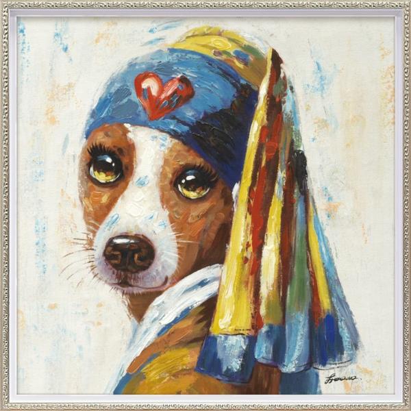 犬と猫　絵画 オイルペイントアート ベストフレンド (L) 油絵　犬と猫 絵画 版画 額縁 おしゃれ オイルペイントアート「青いターバンの犬」 M