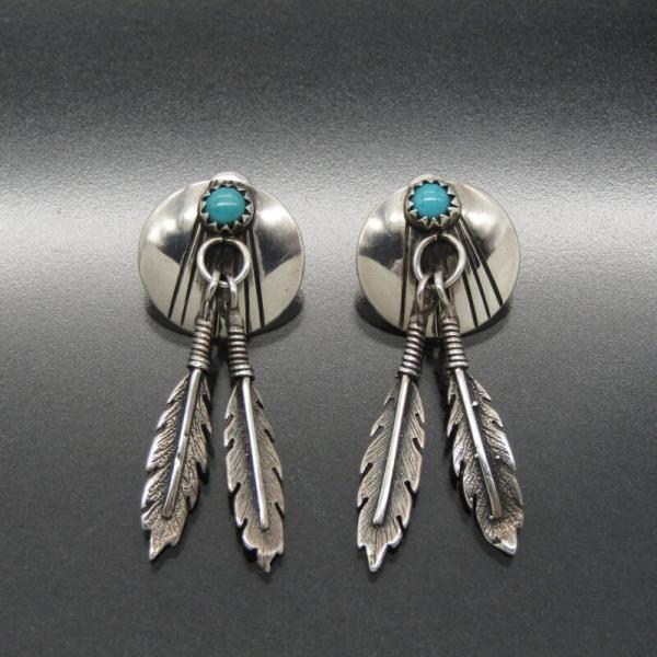 【美品】ナバホ族 インディアンジュエリー　両耳ピアス　Wフェザー&ターコイズ 美品】ナバホ族 インディアンジュエリー 両耳ピアス Wフェザー