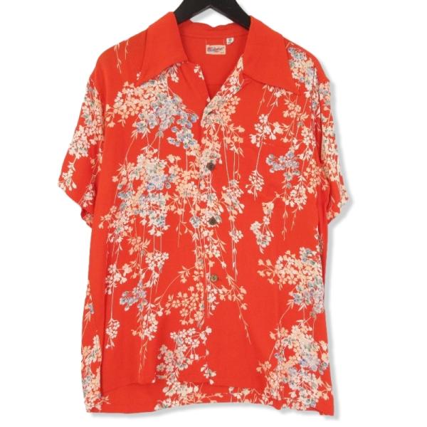サンサーフ　アロハシャツ 和柄　焦茶にピンクの桜 緑　M レーヨン100% サンサーフ アロハシャツ 和柄 焦茶にピンクの桜 緑 M レーヨン