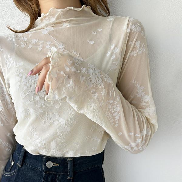 トップス Tシャツ レディース 凸凹 花柄 プリント フロッキー シアー ハイネック プルオーバー メロウ加工 レイヤードコーデ 透け感 シック