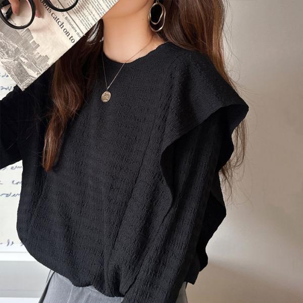 トップス Tシャツ カットソー レディース ラッフル ショルダー ジャガード フリル シャーリング プルオーバー オフィスカジュアル