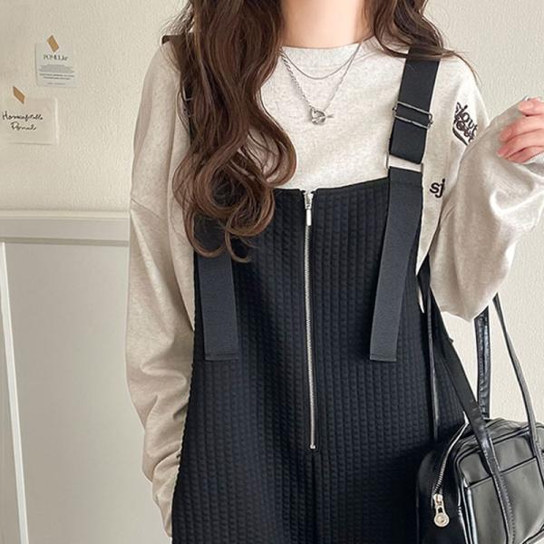 オールインワン サロペット レディース 膨れ ジャガード 素材 フロント ジップ サロペット パンツ オーバーサイズ ロングシーズン レイヤード