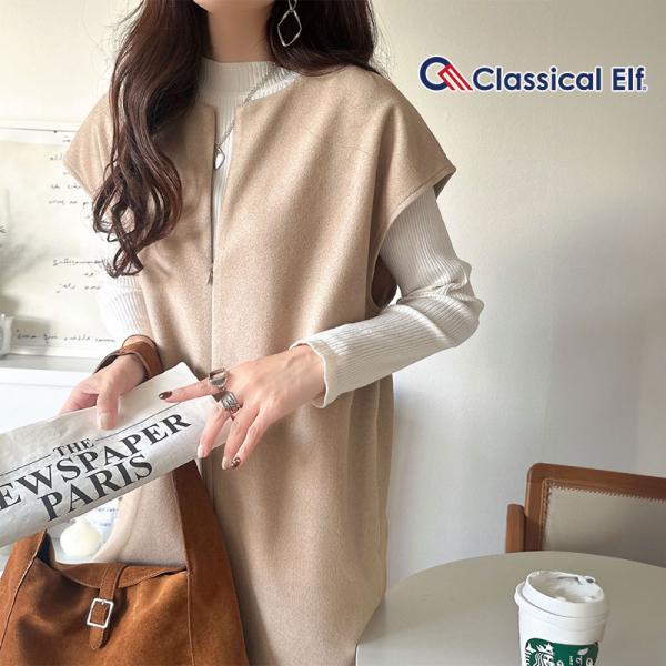 【 クラシカルエルフ classical elf 】オールインワン レディース サロペット つなぎ パンツ フェイクウール ハーフジップ 体型カバー シンプル
