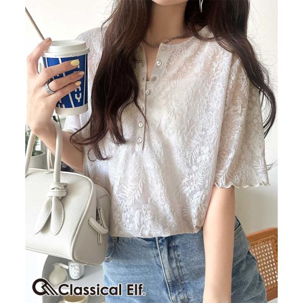 シアー花柄ジャガードで魅せる大人のこなれ感。総柄シアーヘンリートップス（半袖） Classical Elf クラシカルエルフ ce1010637