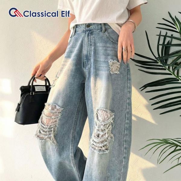 【 クラシカルエルフ classical elf 】 カーブパンツ デニム ボトムス パンツ レディース デニムパンツ ダメージデニム レース付き 綿100％ 曲線美