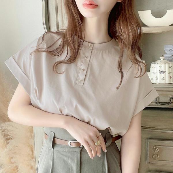 トップス tシャツ レディース カットソー 前後2way シルケット メタルボタン フレンチスリーブ シンプル 華奢見え 体型カバー