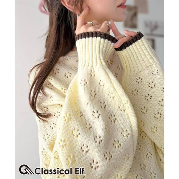 大人可愛い透け感で着映える。袖配色フラワーアイレットニット(長袖) Classical Elf クラシカルエルフ ce1020360