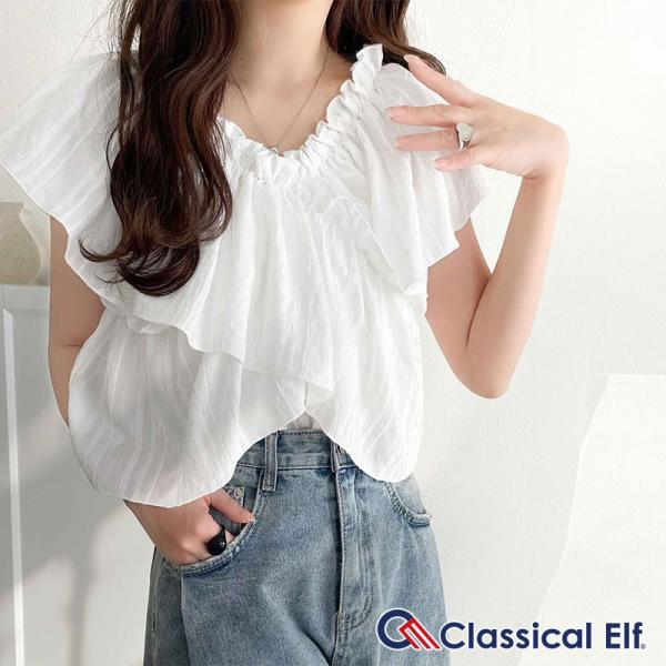 【 クラシカルエルフ classical elf 】 レディース トップス ブラウス シアーシャツ Vネック シンプル カジュアル 華奢 シアーストライプ 涼しげ