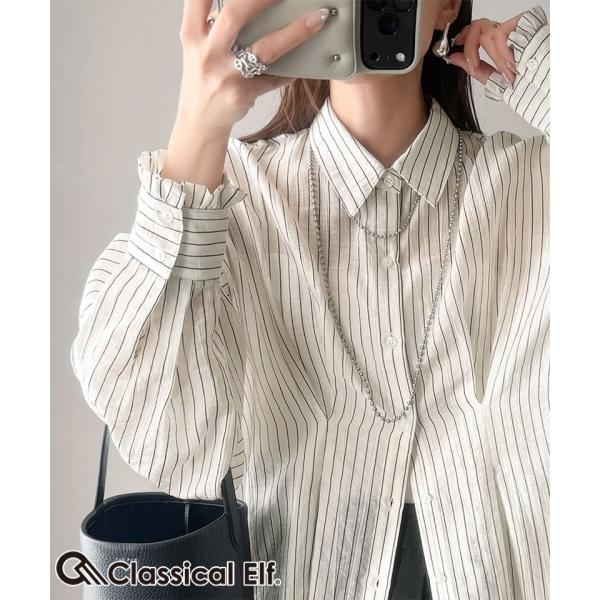 【 クラシカルエルフ classical elf 】 レディース シャツ ブラウス 長袖 トップス タック シアー 素材 長袖 ストライプ 羽織り レイヤードコーデ