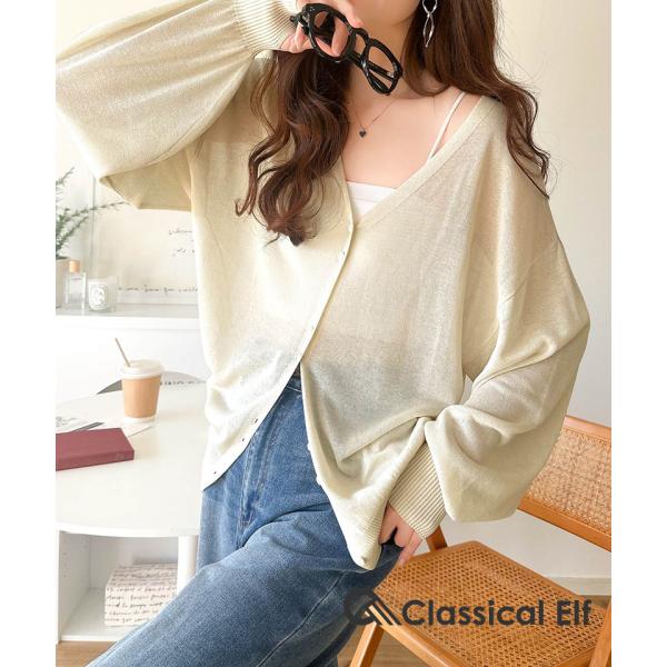 【羽織り/持ち運び便利！】シアーパフスリーブサムホールVネックニットカーディガン Classical Elf クラシカルエルフ ce1260417