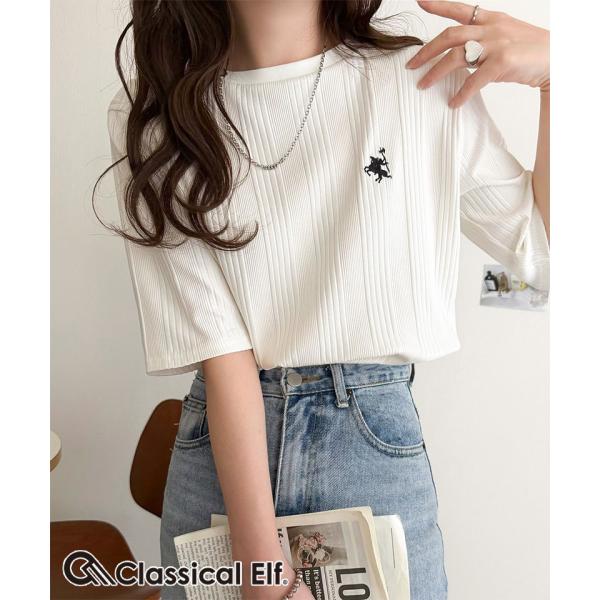 品よく、すっと、毎日に馴染む。オーガニックコットンランダムリブ胸元刺繍Tシャツ Classical Elf クラシカルエルフ ce1260538