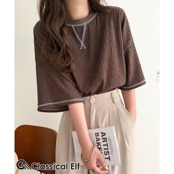カラーで遊び心をプラス。配色ステッチ楊柳ガゼットトップス (半袖) Classical Elf クラシカルエルフ ce1260626