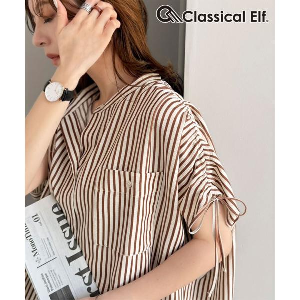 【接触冷感・速乾・UVカット・防シワ機能】ストライプ肩ギャザー袖スキッパーブラウス Classical Elf クラシカルエルフ ce1265071