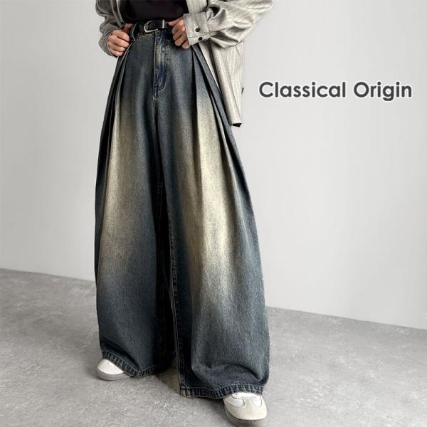 【Classical Origin】デニムパンツ メンズ ゆったり ボトムス パンツ ワイドパンツ バルーンパンツ 3タック ヴィンテージ加工 ボリューム ゆとり