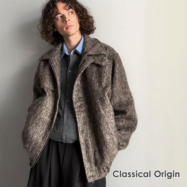 【Classical Origin】 アウター メンズ 冬 ジャケット ブルゾン コート シャギーファー 2way襟 スタンドカラー ショート丈 ミックス調 ベーシック ゆとり